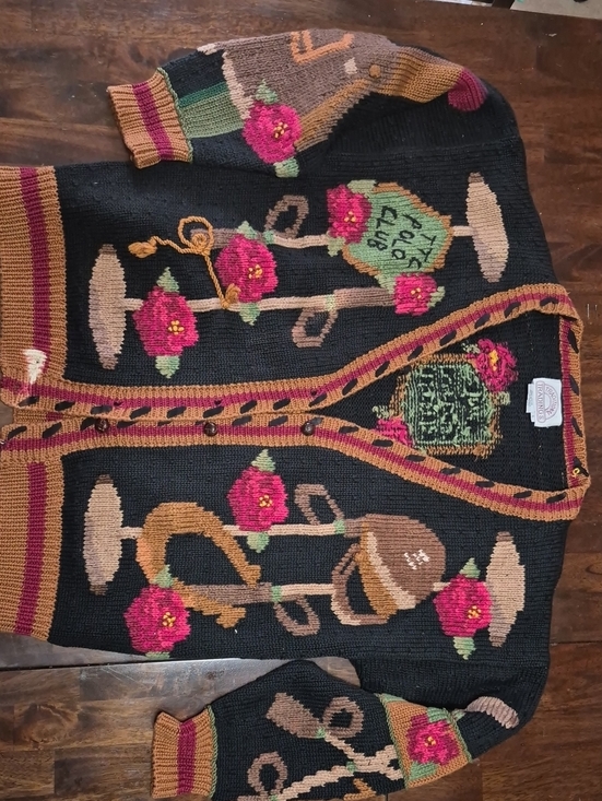 Sweaters - Vintage-Inspired Black Floral Knit Cardigan Sweater